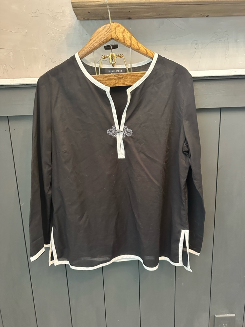 Nine West Separates 100% Cotton Women’s Black & White Long Sleeve‎ Trim Top XL